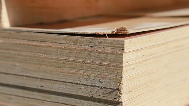 Stack of plywood sheets, edge view